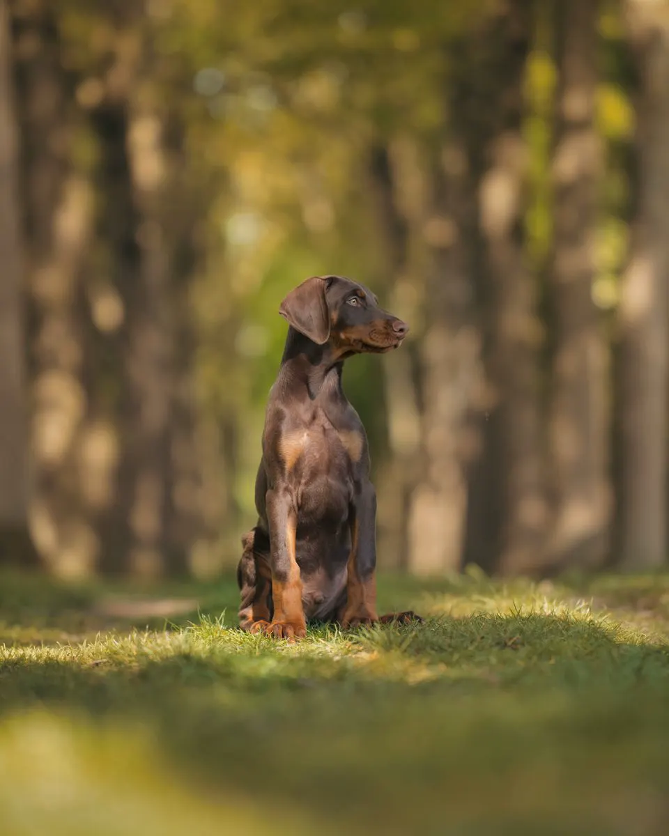 Mlado štene dobermana sjedi na šumskoj stazi